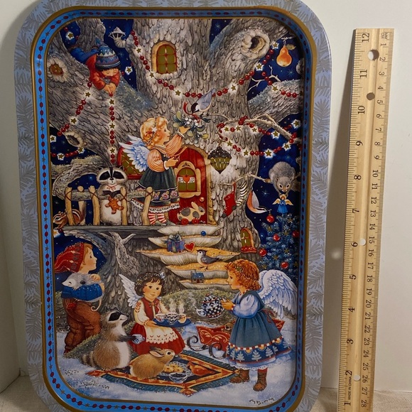 Vintage Cherub Treehouse Christmas Metal Tray Judith Ann Griffith print 90s - Picture 10 of 16
